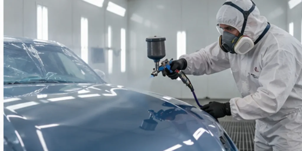 Automotive painter blending metallic paint on a car hood in a spray booth