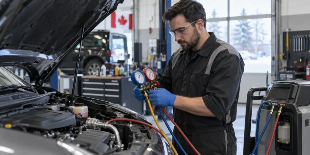 Mechanic safely charging an automotive AC system in a Canadian garage
