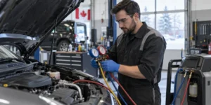 Mechanic safely charging an automotive AC system in a Canadian garage