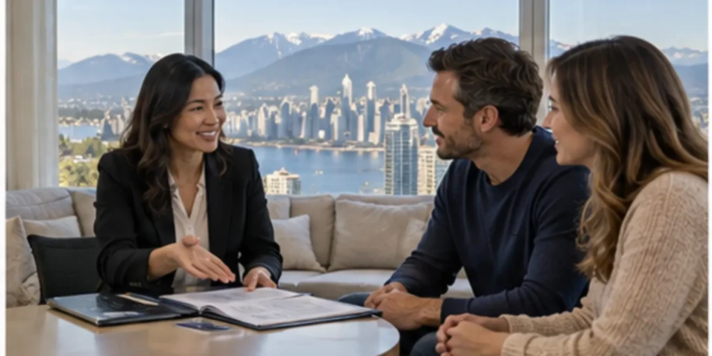 British Columbia real estate agent discussing income and commission with clients